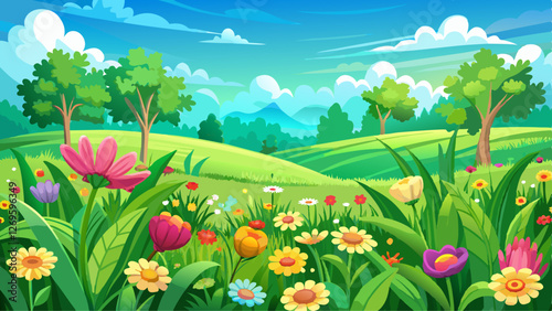 Lush green field surrounded by blooming flowers under a bright summer sky, Summer, field, green, nature, grass, flowers