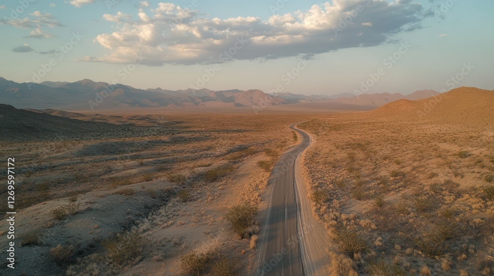 A winding road stretches through a vast desert landscape A winding road stretches through a vast desert landscape