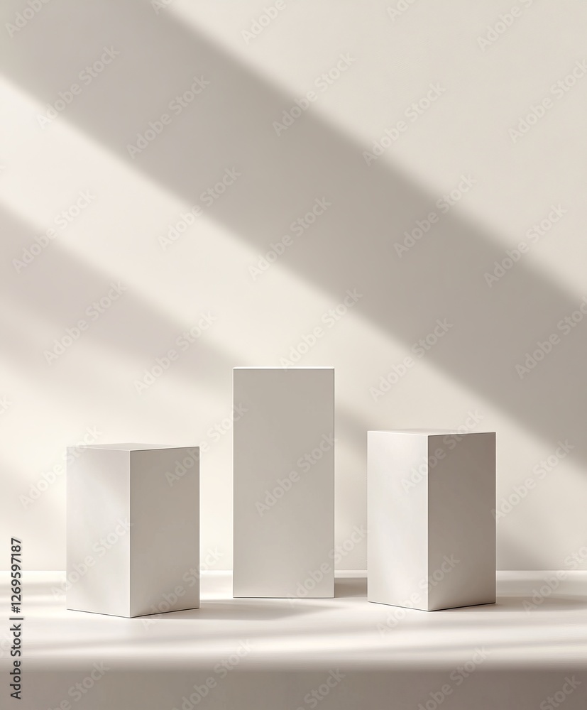 Minimalist white product display podiums in sunlit room (1) Minimalist white product display podiums in sunlit room (1)