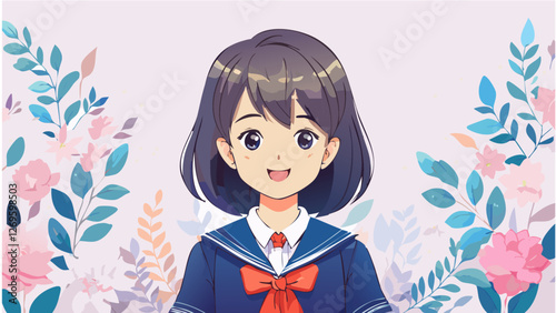日本人の女の子の学生、制服を着たかわいい女の子のイラスト