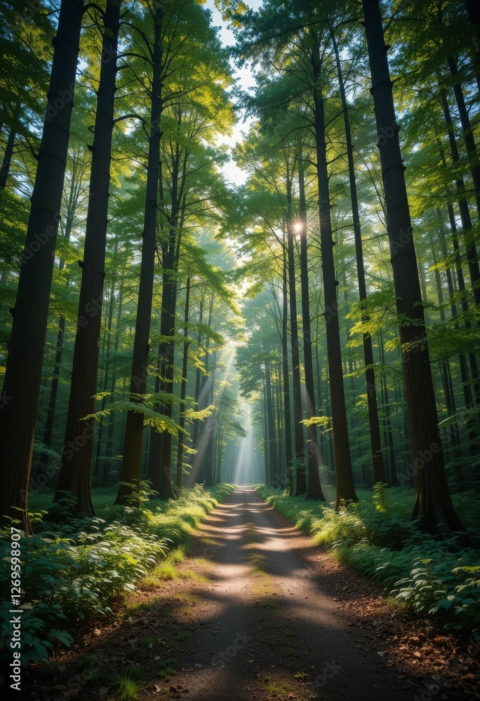 Obraz premium Peaceful forest path leading through dense, moss-covered trees, with slight fog creating an ethereal, mysterious atmosphere Generative AI