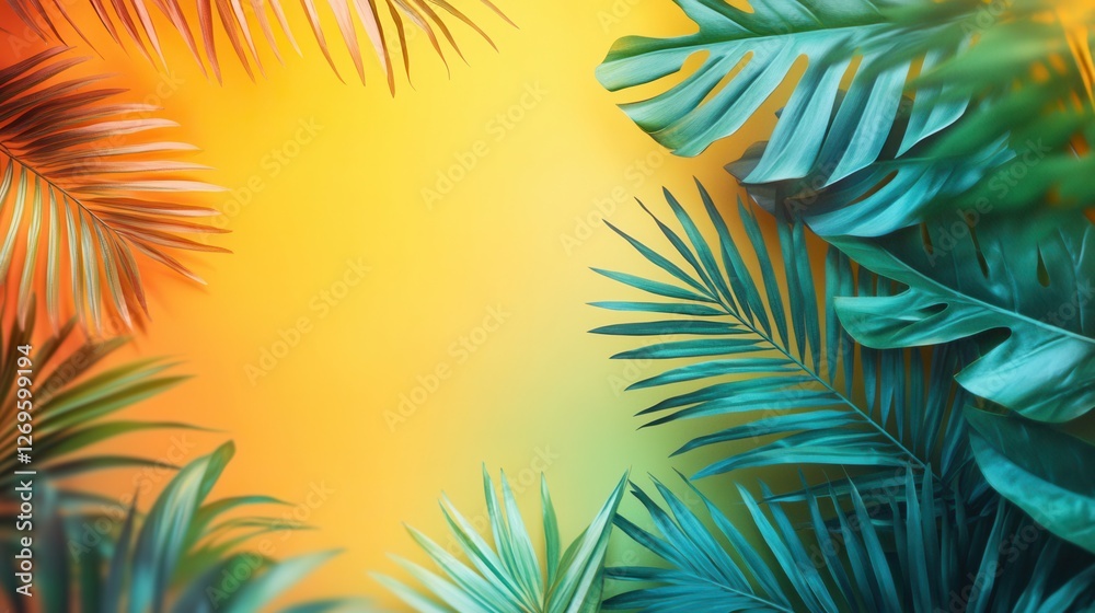 Vibrant tropical background featuring abstract palm leaves in green, turquoise, and orange with a soft gradient space for text or product placement Vibrant tropical background featuring abstract palm leaves in green, turquoise, and orange with a soft gradient space for text or product placement