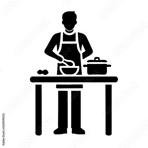 Person cooking in the kitchen wearing an apron and preparing food in silhouette style