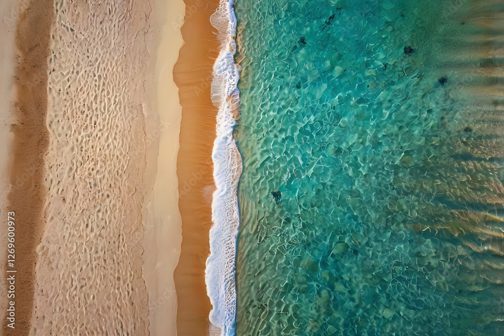 Aerial top view of sea beach with beautiful turquoise wave color and sand with little white wave in travel destination paradise relax peaceful nature landscape environment Aerial top view of sea beach with beautiful turquoise wave color and sand with little white wave in travel destination paradise relax peaceful nature landscape environment