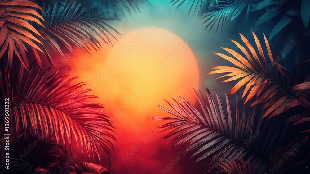 Vibrant palm leaves in bold colors frame a glowing circular gradient, creating a captivating tropical atmosphere Vibrant palm leaves in bold colors frame a glowing circular gradient, creating a captivating tropical atmosphere