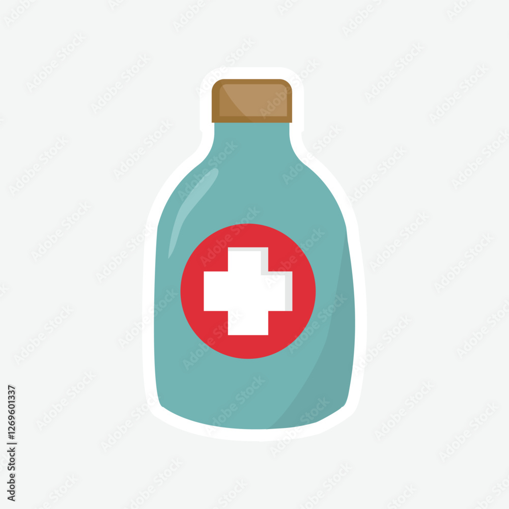 Fototapeta premium Medical Bottle Sticker - Vector Design. Vector illustration of a medical bottle with a red cross symbol. Ideal for healthcare, pharmacy, and first aid-themed designs