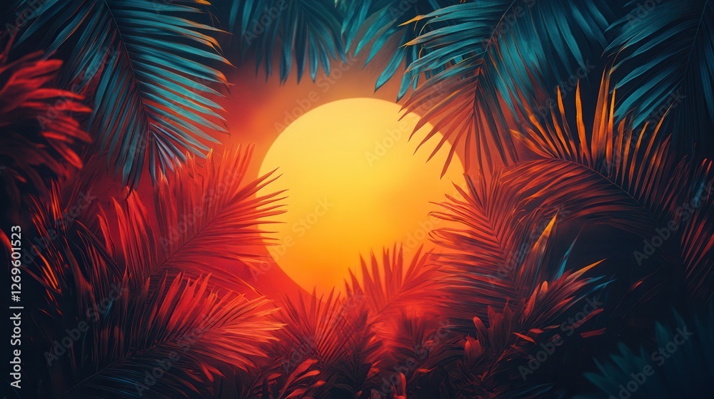 Vibrant abstract palm leaves with glowing circular gradient in bold colors of orange, red, and teal framing a bright center Vibrant abstract palm leaves with glowing circular gradient in bold colors of orange, red, and teal framing a bright center