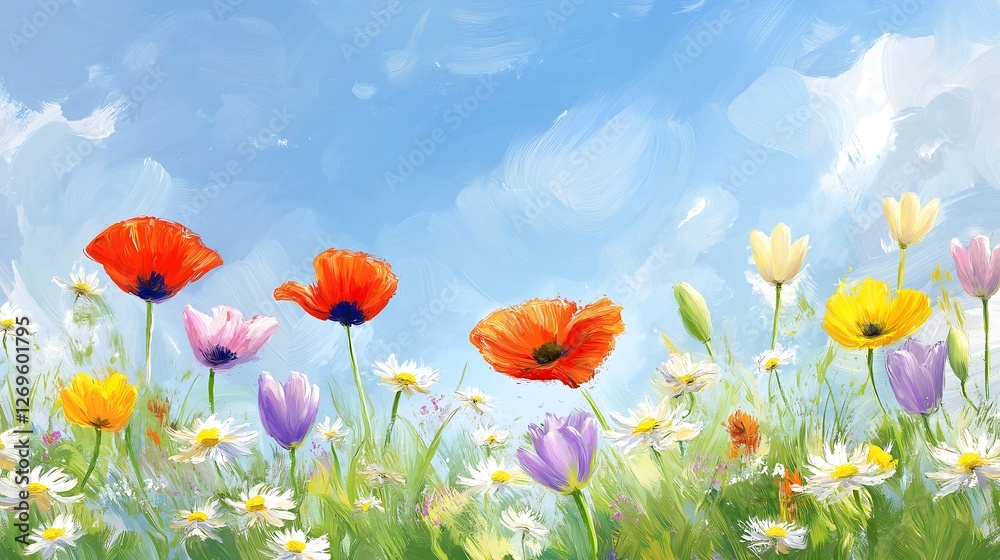 Fototapeta premium Spring flowers blooming in Painting style.