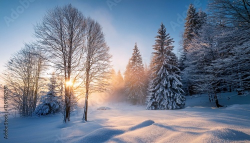 snow covered forest in morning fog winter landscape with snowy trees at sunrise wintry woods in misty conditions at dawn frosty winter scene enchanting woods ethereal winter woods snowscape