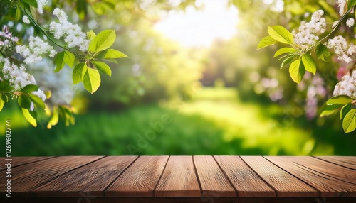 spring beautiful background with green lush young foliage and flowering branches with an empty wooden table on nature outdoors in sunlight in garden