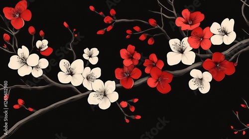 Illustration of sakura branch with red and white flowers. Cherry blossoms on black background in Japanese style