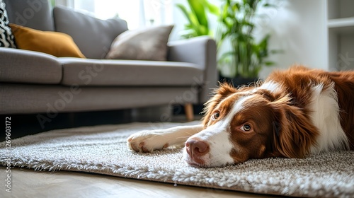 Cute brown and white dog lying on a rug on floor near sofa. Living room on background
