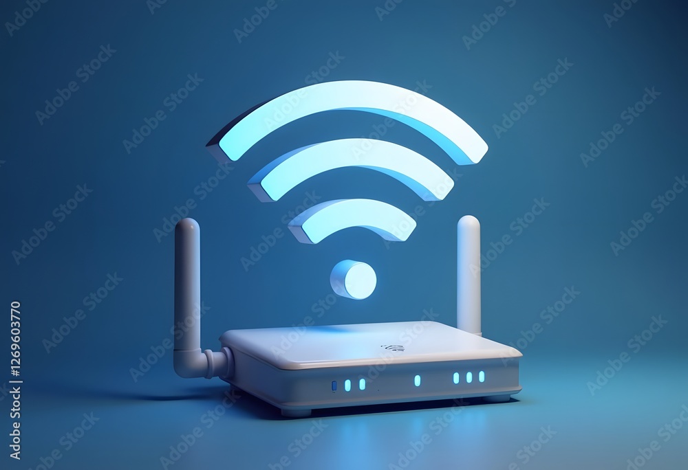Internet connectivity concept. White WIFI router modem providing strong internet connection with blue symbol hovering over. 3d render.
Internet connectivity concept. White WIFI router modem providing strong internet connection with blue symbol hovering over. 3d render.