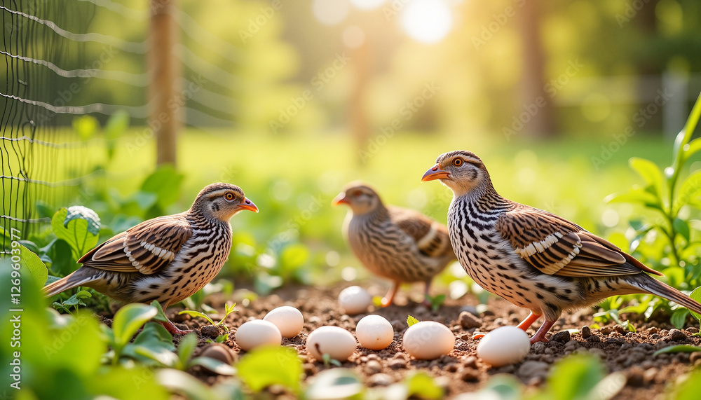 Quail feeding on fresh grass surrounded by scattered eggs in soft afternoon light, symbolizing nurturing and tranquility. Suitable for supporting local agriculture Quail feeding on fresh grass surrounded by scattered eggs in soft afternoon light, symbolizing nurturing and tranquility. Suitable for supporting local agriculture