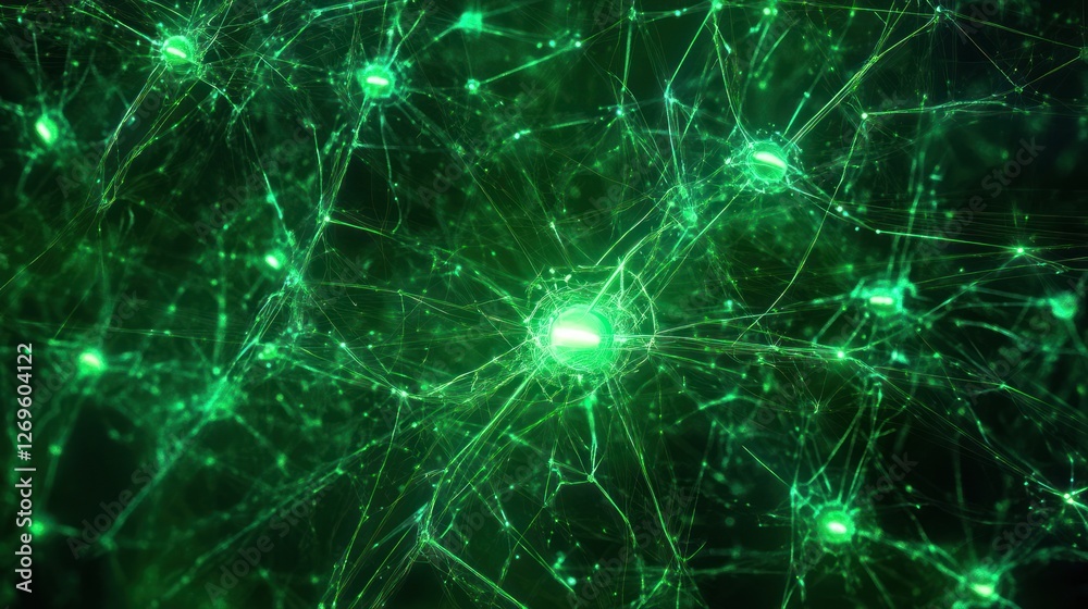 Glowing green neurons and neural networks connecting in a system Glowing green neurons and neural networks connecting in a system