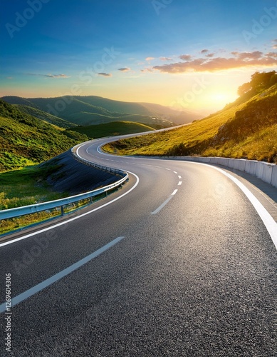 Winding road. Traveling along a curved highway. Background of the road to the horizon in perspective. Curvy asphalt empty line