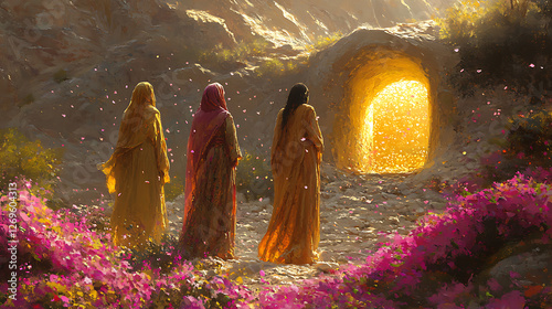 Three women standing near the empty tomb, their expressions filled with awe, petals carried by a breeze around them, golden light from the tomb illuminating the scene, intricate details in the robes,