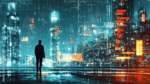 Wallpaper Mural Man Silhouetted Against Futuristic Digital Cityscape Torontodigital.ca