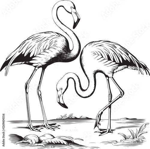 Vintage engrave flamingo art set illustration. Engraving flamingo bird vector illustration.