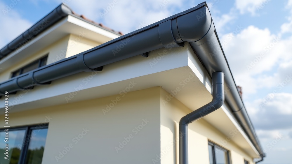Obraz premium Home gutter system, Coastal house with grey PVC gutters resisting sea air