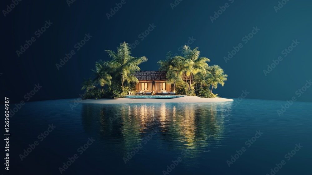 Obraz premium Luxurious tropical villa surrounded by calm waters at night