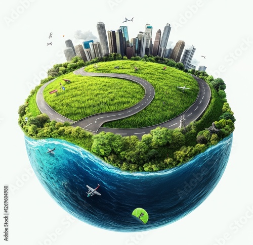 Earth, city, park, road, and ocean; sustainable future concept