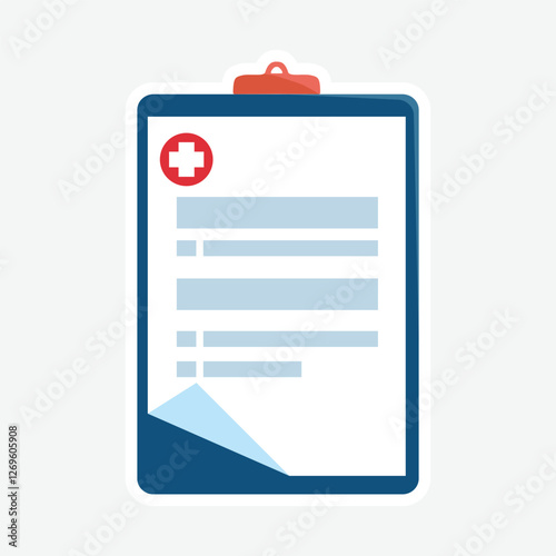 Medical Clipboard Sticker - Healthcare Form Icon. Sticker of a medical clipboard with a healthcare form and red cross symbol. Ideal for medical, healthcare, and administrative themes