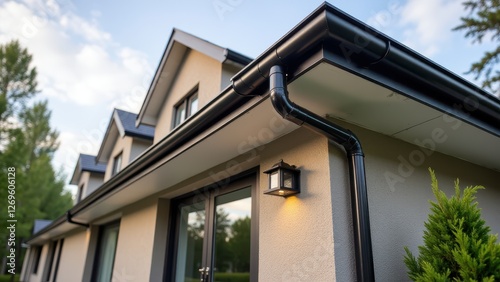 Home gutter system, Townhouse with a new seamless stainless steel gutter modern