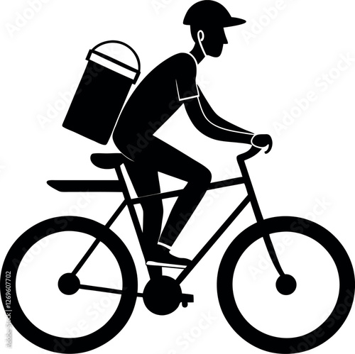 Delivery Worker on Bicycle Black Silhouette – Minimalist Vector Illustration of a Courier Cycling with a Backpack, Representing Fast Urban Logistics, Food Delivery, Eco-Friendly Transport, and E-Comme