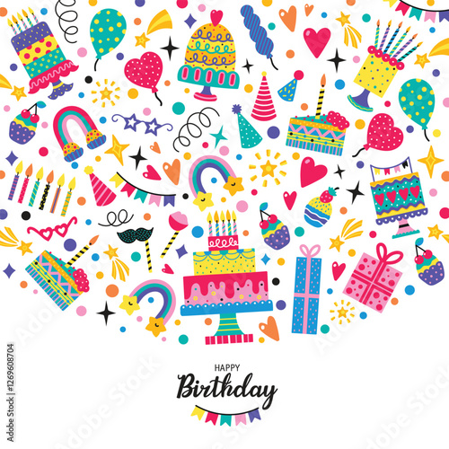 Happy Birthday! Greeting card. Party decoration, gift box, cake, party. Hand drawn elements. Vector illustration. 