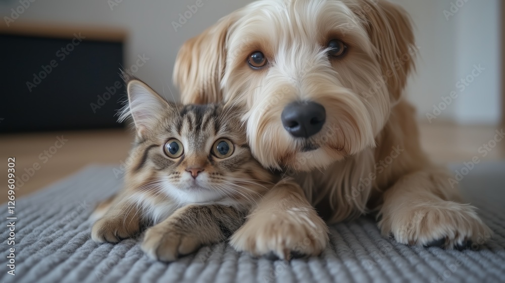 Scruffy dog and tabby cat share a cozy moment on a soft grey rug in a warm home setting Scruffy dog and tabby cat share a cozy moment on a soft grey rug in a warm home setting