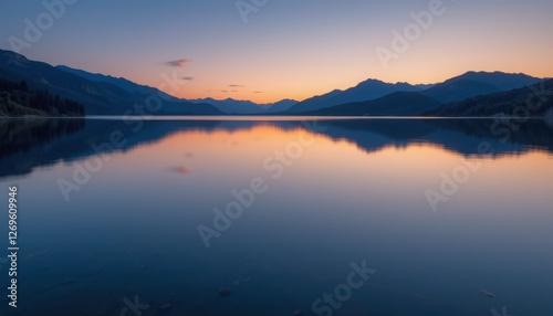 Peaceful lake at dusk, with still water reflecting the silhouette of nearby mountains and soft, warm hues of the sunset sky Generative AI