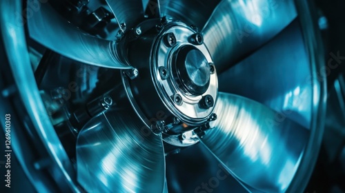 Closeup of a metallic industrial fan blades and hub