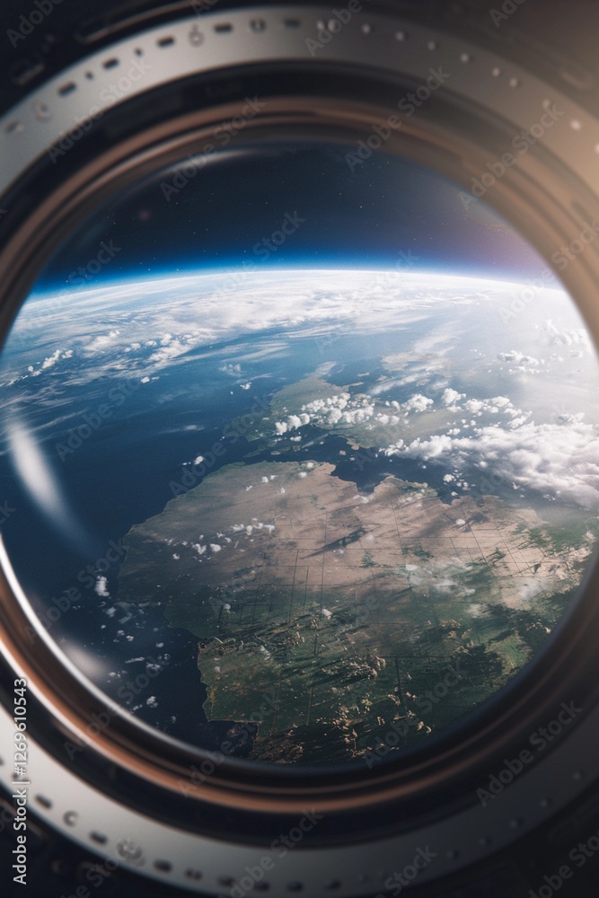 View of Earth from a spacecraft showing land, water, and clouds in the atmosphere at dawn View of Earth from a spacecraft showing land, water, and clouds in the atmosphere at dawn
