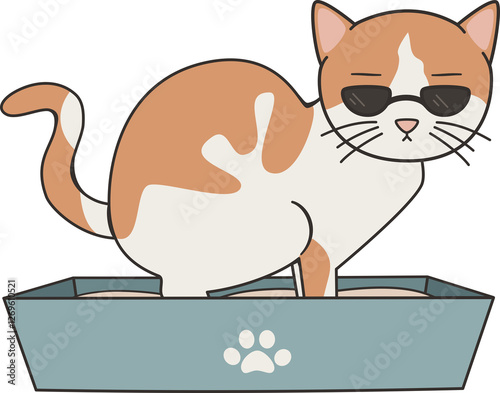 cute hand drawn cartoon character cat poop in the litterbox funny png illustration on transparent background