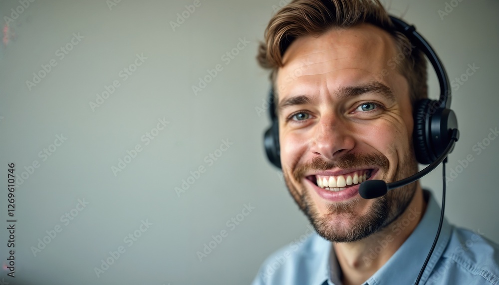 Close-up of a smiling customer service agent wearing a headset on a light gray background Close-up of a smiling customer service agent wearing a headset on a light gray background