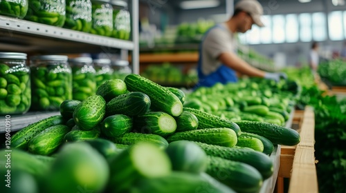 Pickle factory workers preparing fresh cucumbers for processing in a bustling facility
