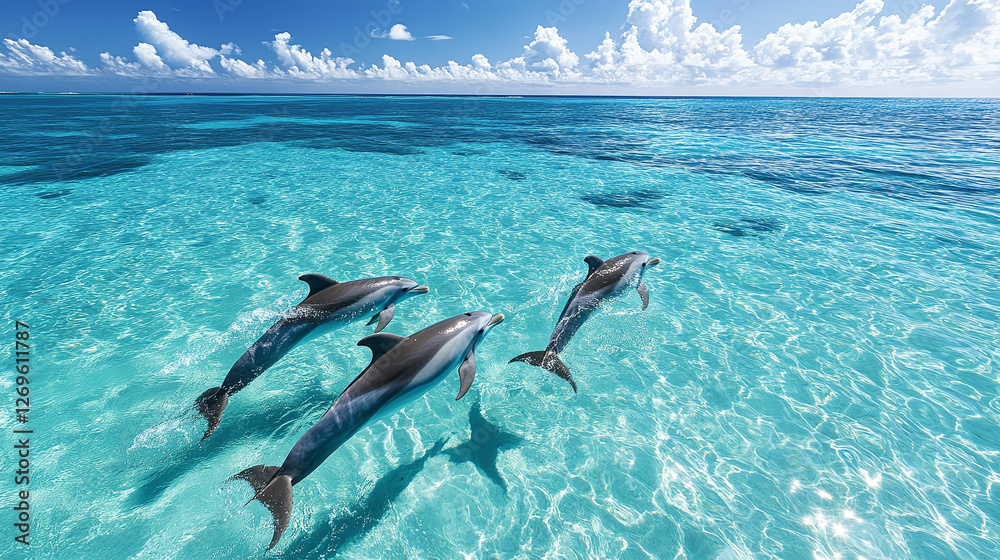 Obraz premium Aerial view of a pod of dolphins gracefully swimming in crystal clear ocean waters.