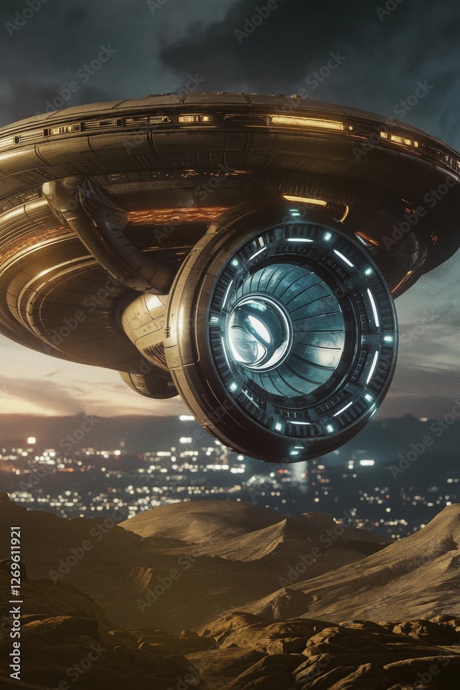 Spaceship hovering above a futuristic cityscape during sunset with vibrant lights and a mountainous terrain Spaceship hovering above a futuristic cityscape during sunset with vibrant lights and a mountainous terrain