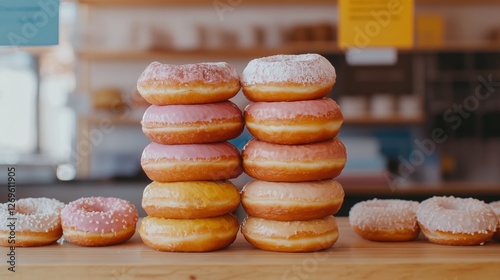 Tall stack of colorful donuts displayed on counter in busy donut shop