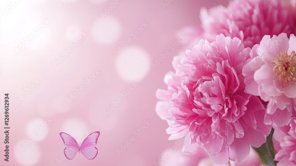Pink peonies dreamy femininity gardening petal. A delicate pink flower bouquet with a butterfly, set against a soft pink background, exuding a serene and joyful atmosphere.