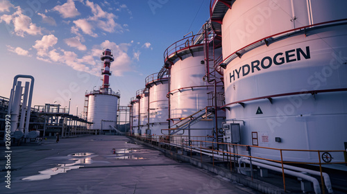 Industrial hydrogen storage facility with large cylindrical tanks labeled 