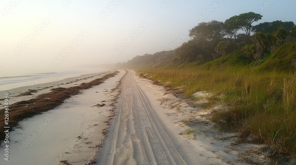 Coastal Path Through Misty Beach Landscape Coastal Path Through Misty Beach Landscape