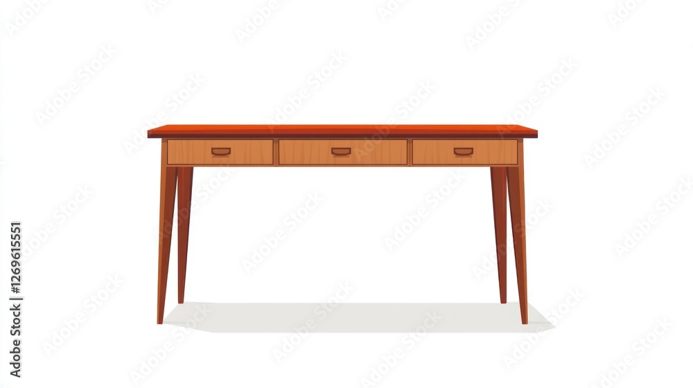 Mid-century modern desk, three drawers, white background, home office Mid-century modern desk, three drawers, white background, home office