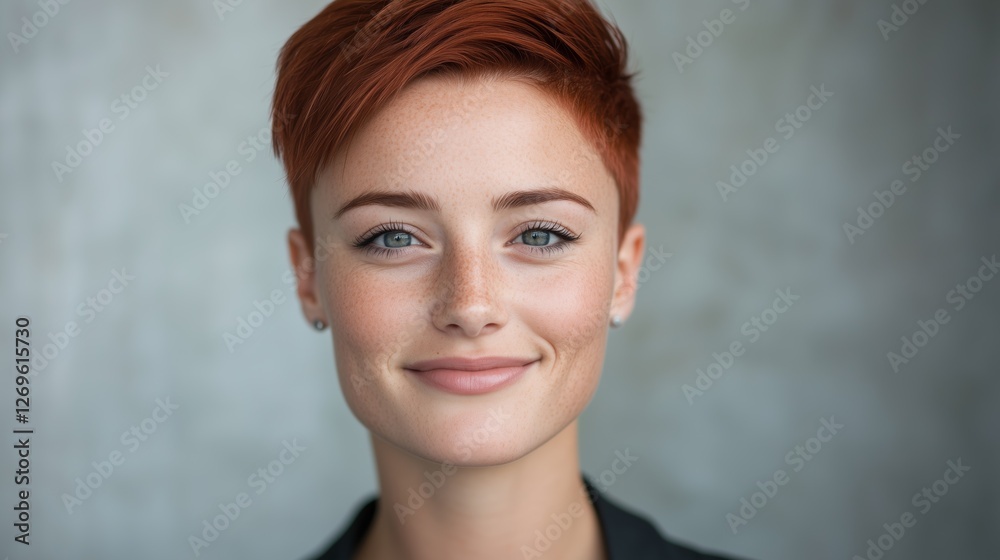 Confident white female business woman with red hair smiling warmly in a modern office setting Confident white female business woman with red hair smiling warmly in a modern office setting