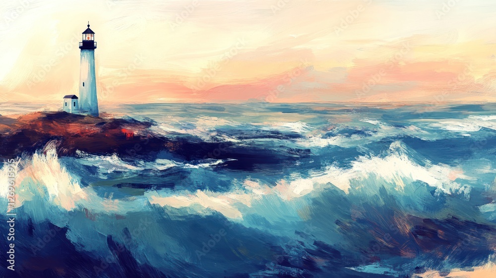 Fototapeta premium Lighthouse Standing Tall Against Ocean Waves At Sunset