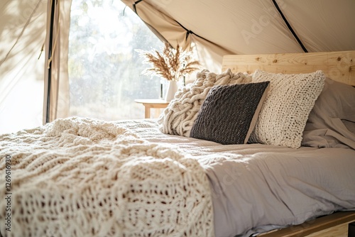  glamping tenta with cozy king-size bed with fluffy pillows and a knitted blanket.  photo