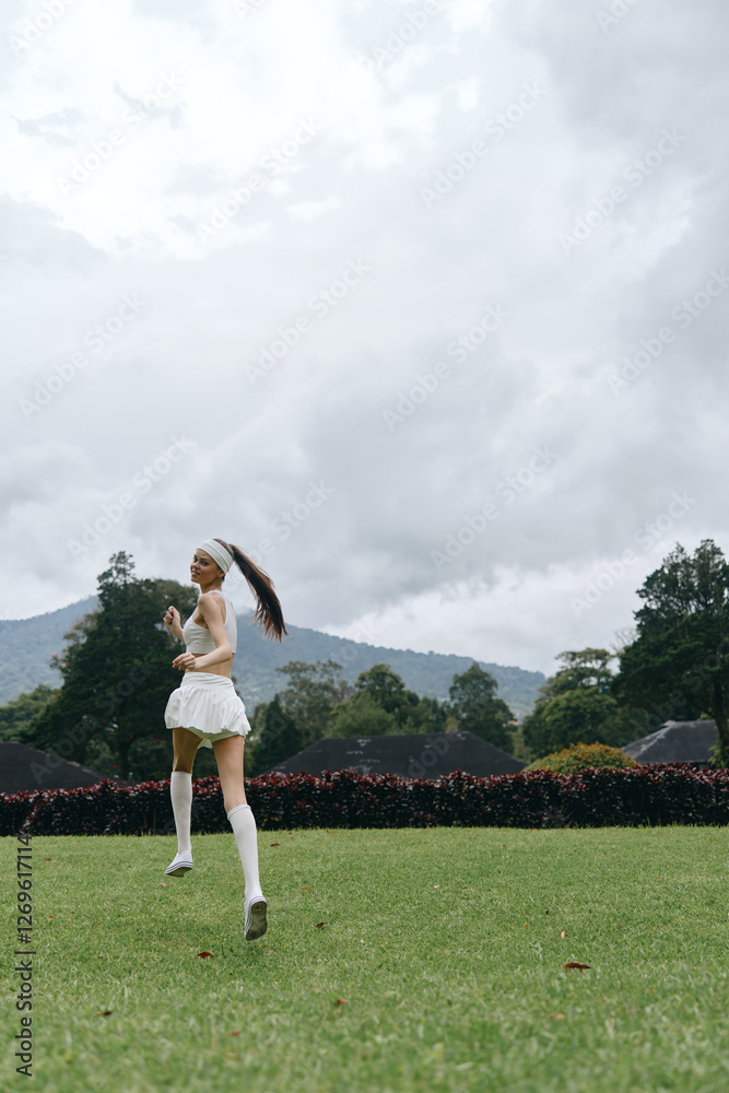 Young female runner in a white outfit joyfully exercising outdoors on a grassy field with a mountainous backdrop, emphasizing a healthy lifestyle and fitness concept Young female runner in a white outfit joyfully exercising outdoors on a grassy field with a mountainous backdrop, emphasizing a healthy lifestyle and fitness concept