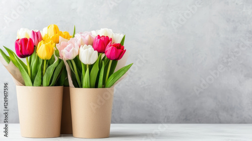 Wallpaper Mural Bright tulips in paper pots, showcasing vibrant colors and natural light Torontodigital.ca