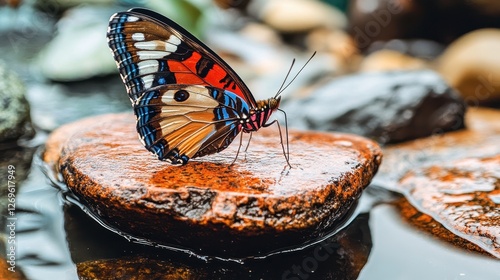 Butterfly Drinking Water from Damp Rock by Stream in Nature Scene